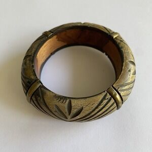 Vintage Handmade Brass Wood Bracelet Bangle Carved